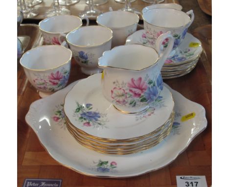 Tray of Royal Albert bone china 'Friendship Series: Sweetpea' teaware to include: cups and saucers; milk jug; side plates and