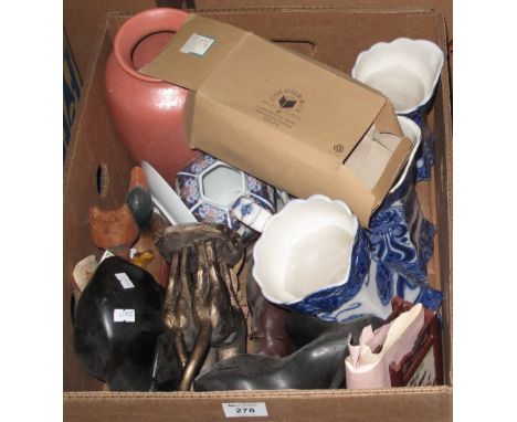 Box of assorted china and other items to include: set of three Trent organic blue and white Art Nouveau dresser jugs; Poole P