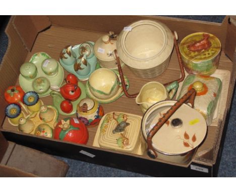 Tray of assorted china to include: various novelty cruet sets; Clarice Cliff 'Gay Day' jam or honey pot (AF); Carltonware mar