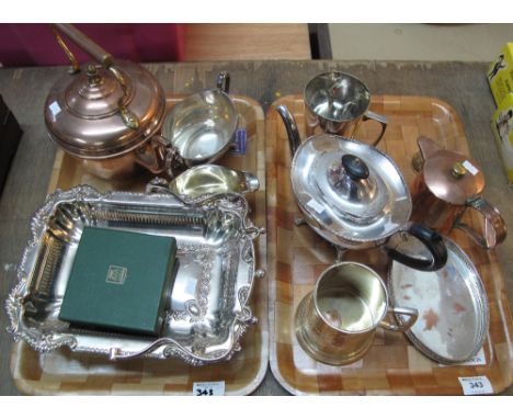 Tray of assorted metalware to include: vintage copper kettle (provenance taped inside lid); good quality silver plated three 