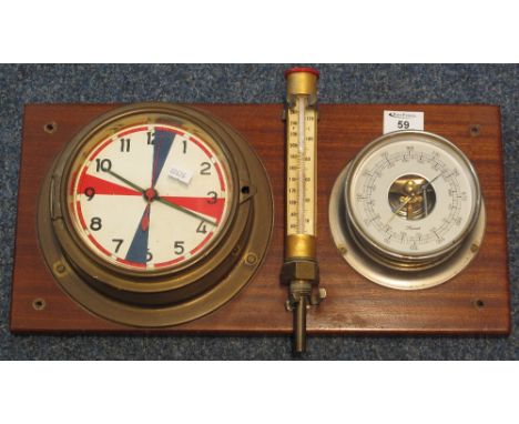 Bulkhead type brass clock, mounted on mahogany plaque with French aneroid type barometer and a brass thermometer.