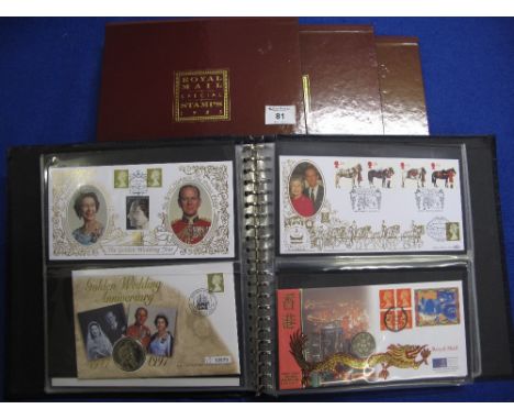 Box with Album of various First Day Covers Royal Mail, Benham etc and three Royal Mail Year Books for 1985 complete with stam