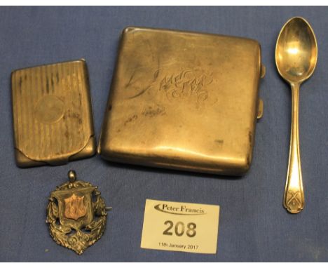 Bag of assorted silver to include: cigarette case; match case; silver pendant and spoon.