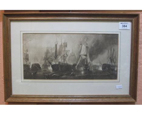 Framed sepia print, possibly depicting the Battle of Trafalgar.  Framed and glazed.