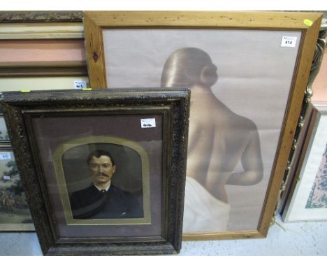 Group of furnishing pictures to include: Old Master copy, oils on canvas; photographic portrait and coloured print, back view