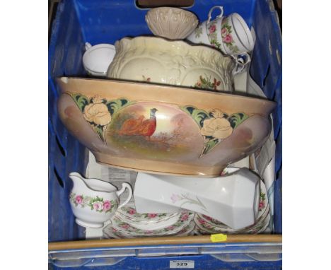 Tray of assorted china to include: Staffordshire floral planter; large basin decorated with flowers and pheasants; Colclough 