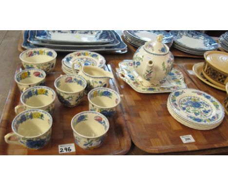 Two trays of Masons Ironstone 'Regency' design teaware items comprising: teacups and saucers; milk jug; sugar bowl; plates; t