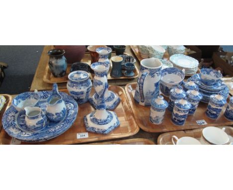 Two trays of blue and white Spode 'Italian' and other Spode items to include: pair of candlesticks; spice jars and covers; sa