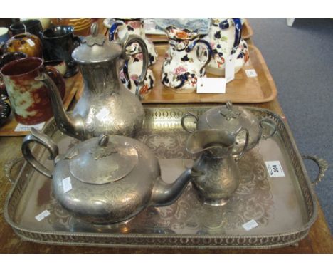 Silver plated tea service with etched floral decoration and bud finials, together with a two handled, pierced tray on ball an