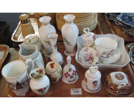 Tray of assorted china to include: pair of Aynsley 'Cottage Garden' vases; Limoges trinket box; commemorative wares including