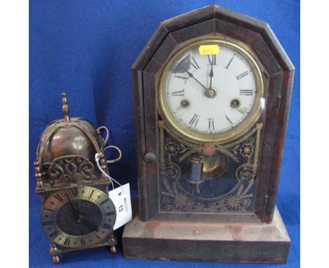 Early 20th Century American two train mantel clock together with a brass lantern style mantel clock with electric movement. (