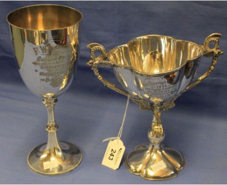 Two silver plated presentation trophy cups, one marked: Marlborough College, 1890, 300 yards handicap, first prize and the ot