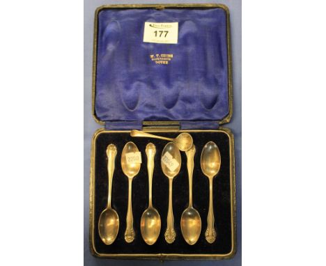 Cased set of six silver teaspoons, London hallmarks, together with white metal mustard spoon.