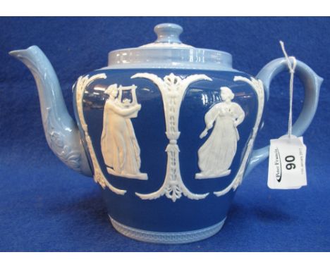 Dudson Staffordshire Pottery Jasper style, figure decorated, baluster teapot in two shades of blue.  Impressed marks to the b