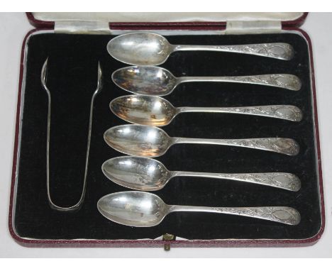 A set of six hallmarked silver teaspoons and sugar tongs, with associated case.  