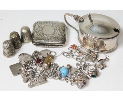 A mixed lot comprising a hallmarked silver vesta case, a hallmarked silver mustard pot, three white metal thimbles and a char