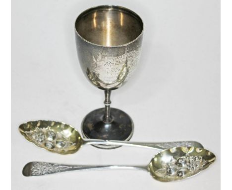 A pair of hallmarked silver berry spoons, length 22cm, together with a hallmarked goblet, height 16cm, wt. 9oz.  