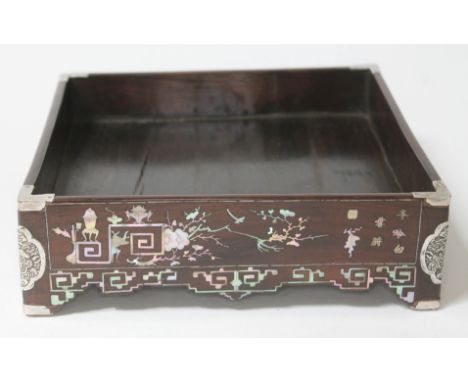 A Chinese 19th century mother of pearl inlaid and silver mounted tray of square form, 24cm x 24cm.  