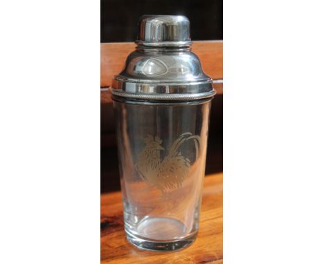 A silver plated cocktail shaker, the body etched with a cockerel, James Dixon &amp; Sons, height 20cm.  Condition - good, lef