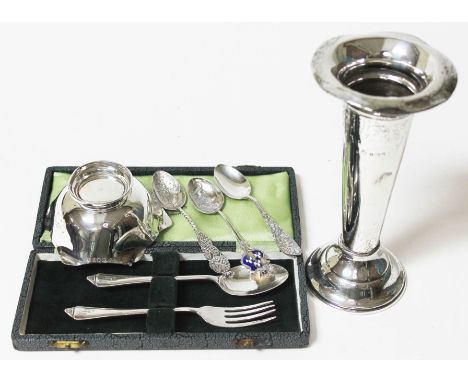 A mixed lot of hallmarked silver comprising a vase, a dish and a cased christening fork and spoon, together with three souven
