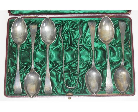 A set of six silver teaspoons and sugar tongs, John Round and Son, Sheffield 1923, with associated box.  