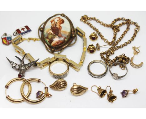 A mixed lot of jewellery including four pairs of 9ct gold earrings, various marks, gross wt. 5.41g, together with a German si