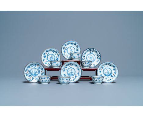 Full title:  Six Chinese blue, white and copper red cups and saucers, KangxiDescription: Dia.: 11,5 cm (the saucers)Dia.: 7 c