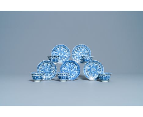 Full title:  Five Chinese blue and white cups and saucers, Kangxi mark, 19th C.Description: Dia.: 13 cm (the saucer)Dia.: 8,5