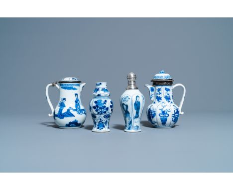 Full title:  Two Chinese blue and white ewers and covers and two small vases, KangxiDescription: H.: 12 cm (the tallest)Pleas