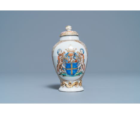 Full title:  A Chinese Belgian market famille rose armorial tea caddy with the arms of Van den Cruyce, QianlongDescription: H