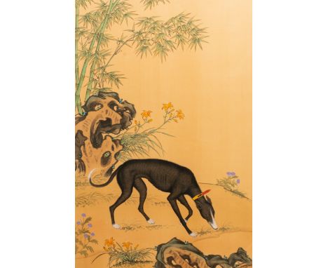 Full title:  Chinese school, after Lang Shining, ink and colour on silk, 19/20th C.: 'Portrait of a dog'Description: Dim.: 13