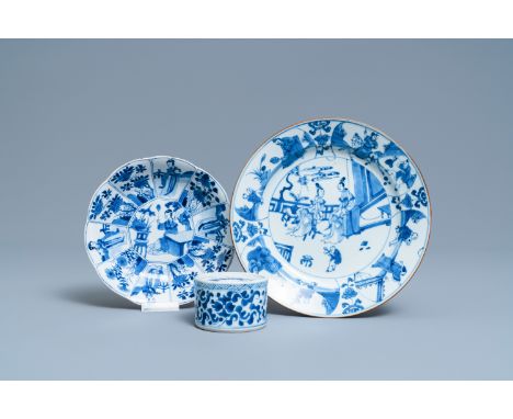 Full title:  Two Chinese blue and white plates and an inkwell, KangxiDescription: Dia.: 21 cm (the largest plate) Dia.: 7,5 c