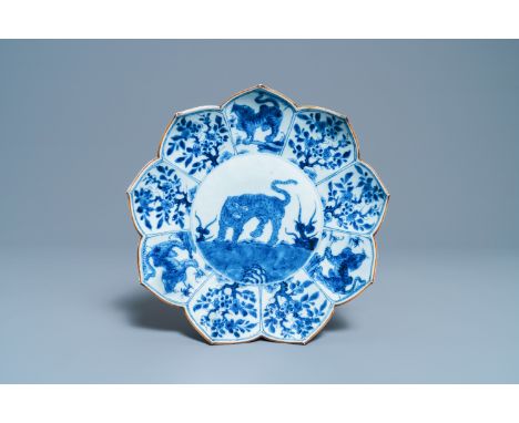 Full title:  A rare Chinese blue and white lotus-shaped 'leopard' dish, KangxiDescription: L: 28 cmPlease contact us to let u