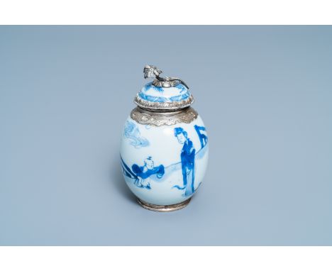 Full title:  A Chinese blue and white tea caddy with Dutch silver mounts, KangxiDescription: H.: 12 cmÊ Condition: (UV-checke