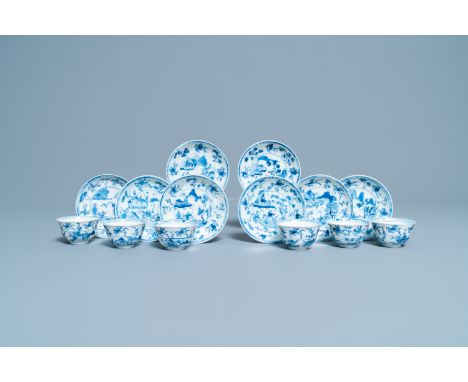 Full title:  Six Chinese blue and white cups and eight saucers with horseriders, KangxiDescription: Dia.: 10 cm (the saucers)