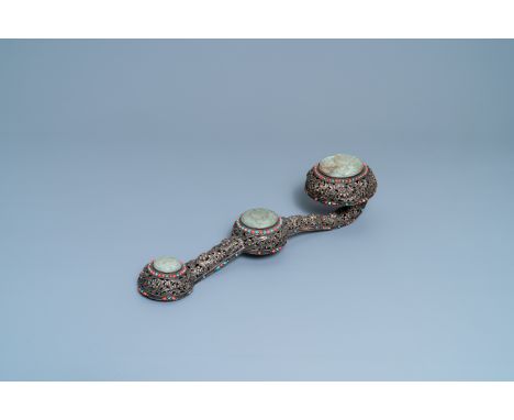 Full title:  A large Chinese jade-embellished coral- and turquoise-inlaid ruyi scepter, 19th C.Description: L.: 54 cmPlease c