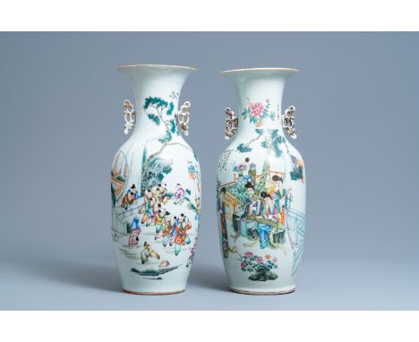 Full title:  Two Chinese famille rose vases with playing boys and ladies playing music, 19/20th C.Description: H.: 57,5 cm (t