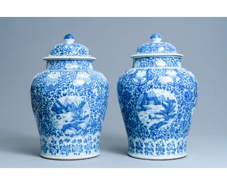 Full title:  A pair of Chinese blue and white covered vases with landscape medallions on a floral ground, KangxiDescription: 