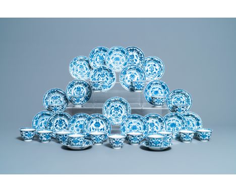 Full title:  Seventeen Chinese blue and white cups and twenty-two saucers with floral design, KangxiDescription: Dia.: 13 cm 