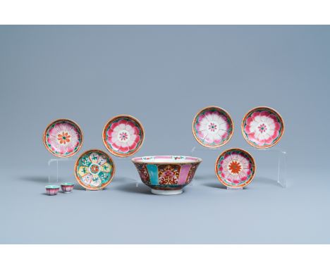 Full title:  Nine Chinese famille rose Bencharong wares for the Thai market, 19th C.Description: Dia.: 18 cm H.: 8,5 cm (the 