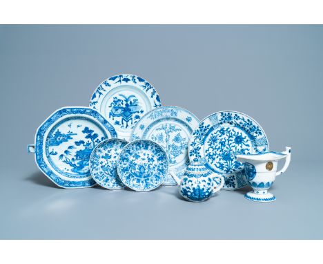 Full title:  Six Chinese blue and white dishes, a teapot and a helmet-shaped jug, Kangxi and laterDescription: L.: 27 cm (the