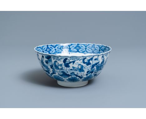 Full title:  A Chinese blue and white lotus-molded 'playing boys' bowl, Chenghua mark, KangxiDescription: Dia.: 21 cm - H.: 1