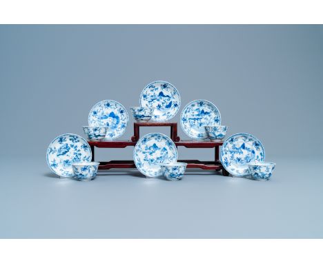 Full title:  Six Chinese blue and white cups and saucers with horseriders, KangxiDescription: Dia.: 10 cm (the saucers)Dia.: 