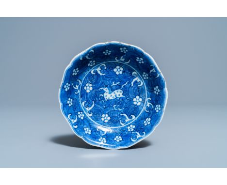 Full title:  A Chinese blue and white 'galloping horse' dish, Jiajing mark, KangxiDescription: Dia.: 14,5 cmPlease contact us