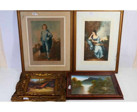 Three framed prints including an etching of The Blue Boy after Thomas Gainsborough and an oil on board landscape scene, large