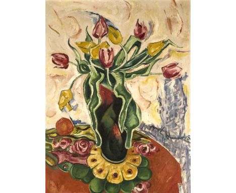 Stilllebenmaler/in 1. Hälfte 20. Jh. Tulpenstrauss. Öl/Lw. Schwer leserl. signiert mittigre. 90 x 67 cm / R. 101 x 79 cm.- In
