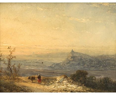 Landschaftsmaler 19. Jh. Südliche Landschaft mit Figurenstaffage. Öl/Holz. 9 x 12 cm / R.24 x 27 cm