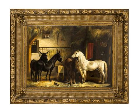 Kubanovitz. Tiermaler 19. Jh. Pferde und Maultiere im Stall. Öl/Lw. Signiert u. li.Kubanovitz.  57 x 58 cm / R. 88 x 108 cm.-