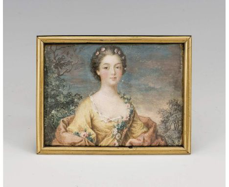 Miniaturist, wohl Ende 18. Jh. Möglw. Sené, Louis (1747 Genf - 1804). Porträt einer jungenDame in Landschaft. Aquarell u. Gou