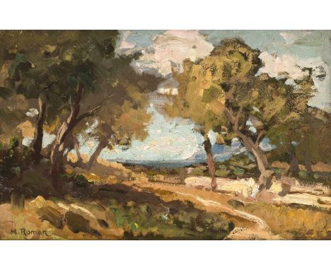 Roman, Max Wilhelm. 1849 Freiburg - 1910 Karlsruhe. Italienische Landschaft. Öl/Malpappe.Signiert u. li. M. Roman. 26 x 41 cm
